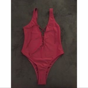 Wine High Leg Lace-up One Piece