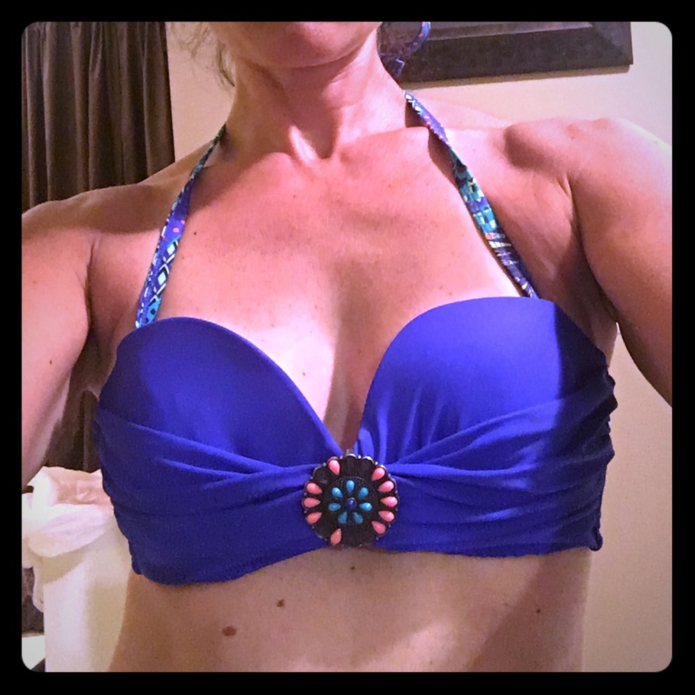 Royal blue bikini top with colorful accents