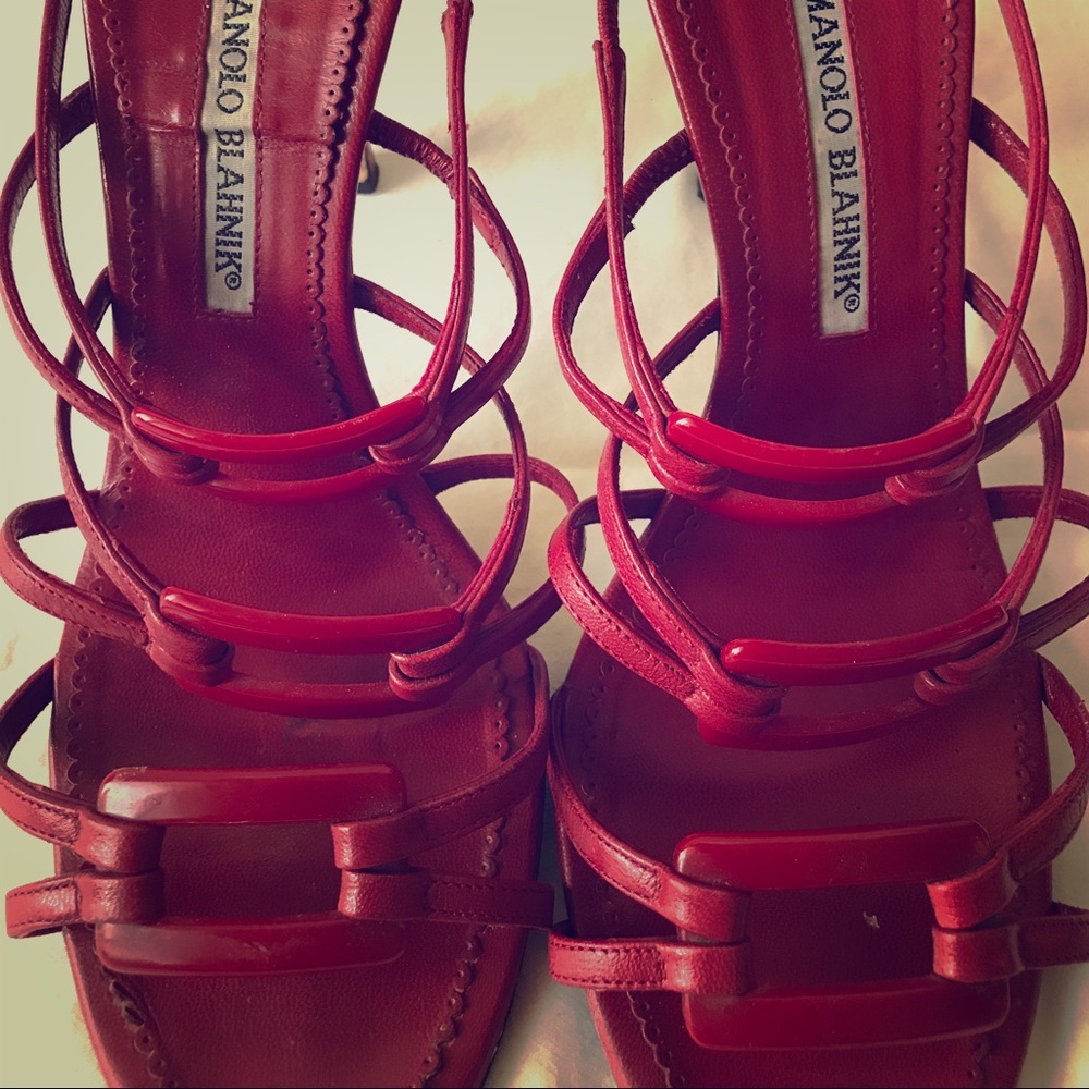 Manolo Blahnik red strap heels