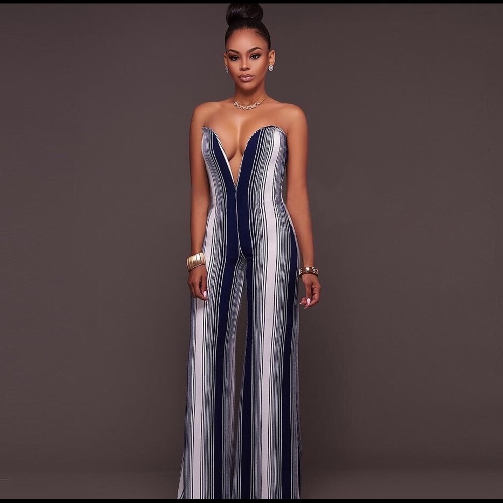 Sexy blue Stripe Jumpsuit Deep V size Medium New