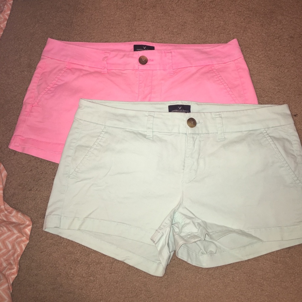 pink and teal chino shorts