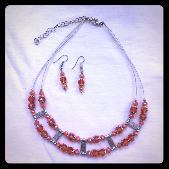 Orange jeweled necklace and earring set. - Picture 1 of 5