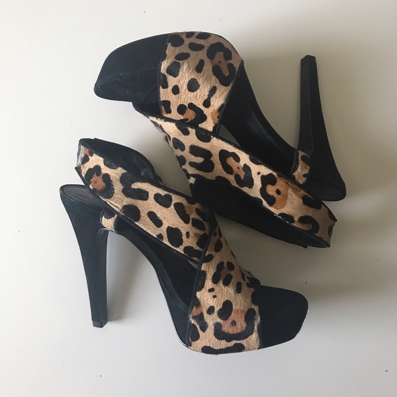 DVF Zia Leopard Print Suede and Calf Hair Heels
