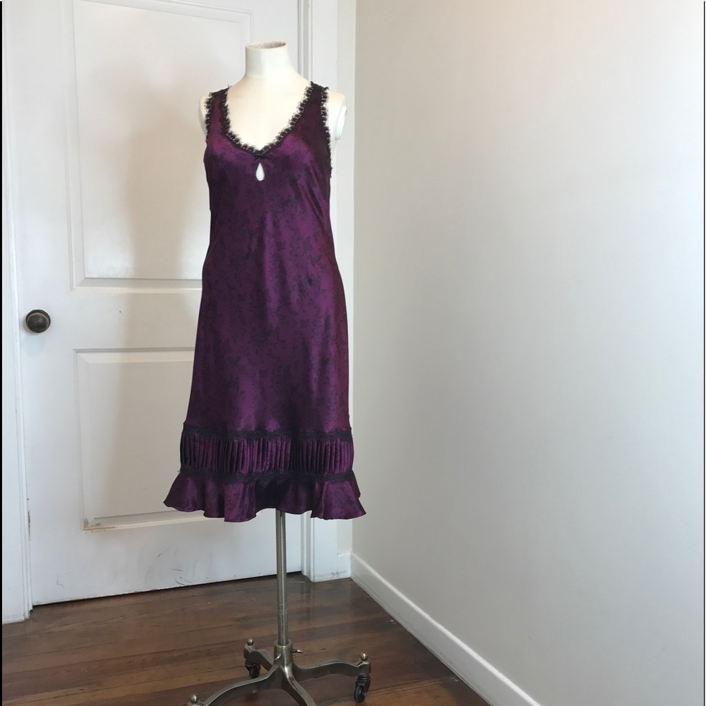 Purple silk slip dress, black floral print NWT