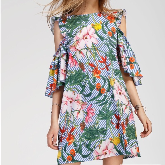 Floral Ruffle Cold Shoulder Dress - Picture 2 of 6