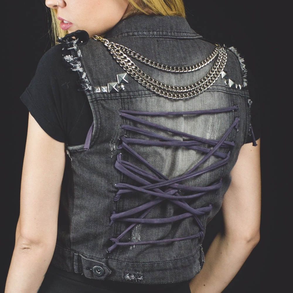 -SOLD- One of a kind grey denim vest with lacing & chains