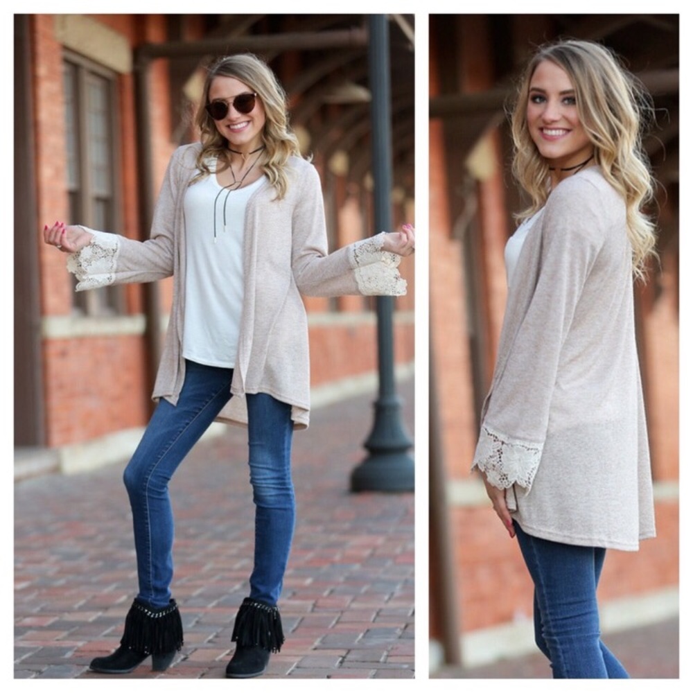 Infinity Raine oatmeal cardigan with lace cuffs