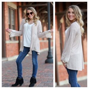 Infinity Raine oatmeal cardigan with lace cuffs