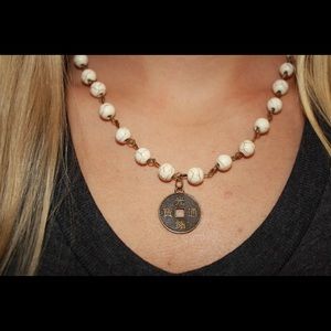 White beaded necklace with coin charm!!