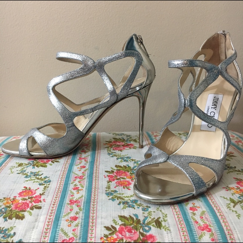 Jimmy Choo Leslie 100 Silver Glitter Caged Sandals