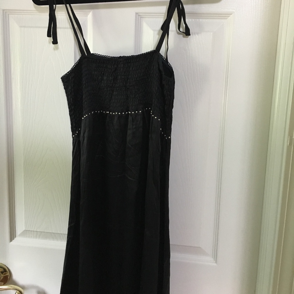 Black silk midi dress with elastic top beaded below breasts with metal beads _2