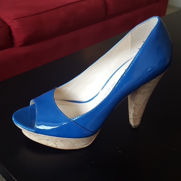 Blue Leather Cork Platform Heels - Franco Sarto 6M - Picture 2 of 6