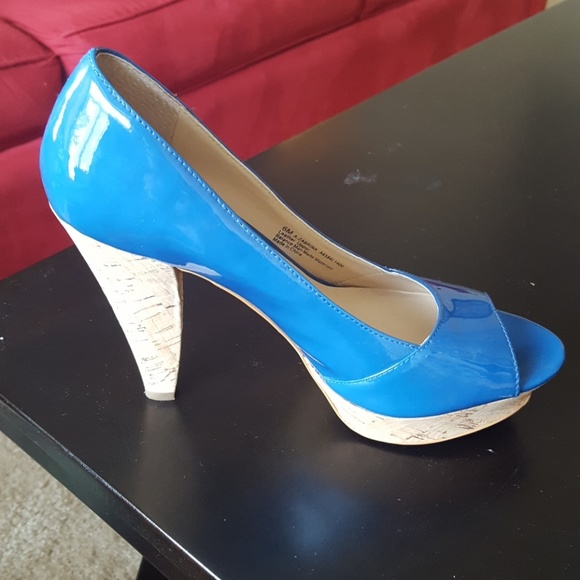 Blue Leather Cork Platform Heels - Franco Sarto 6M - Picture 3 of 6