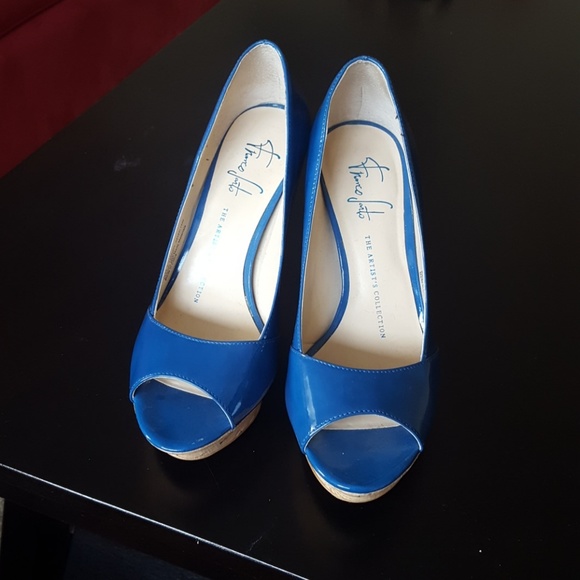 Blue Leather Cork Platform Heels - Franco Sarto 6M - Picture 4 of 6