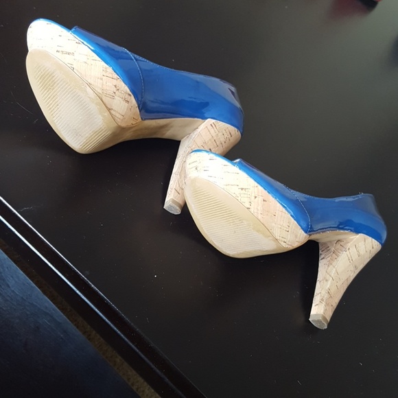 Blue Leather Cork Platform Heels - Franco Sarto 6M - Picture 6 of 6