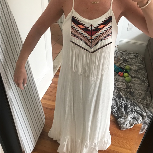 Lulus Dresses & Skirts - White maxi Aztec fringe dress
