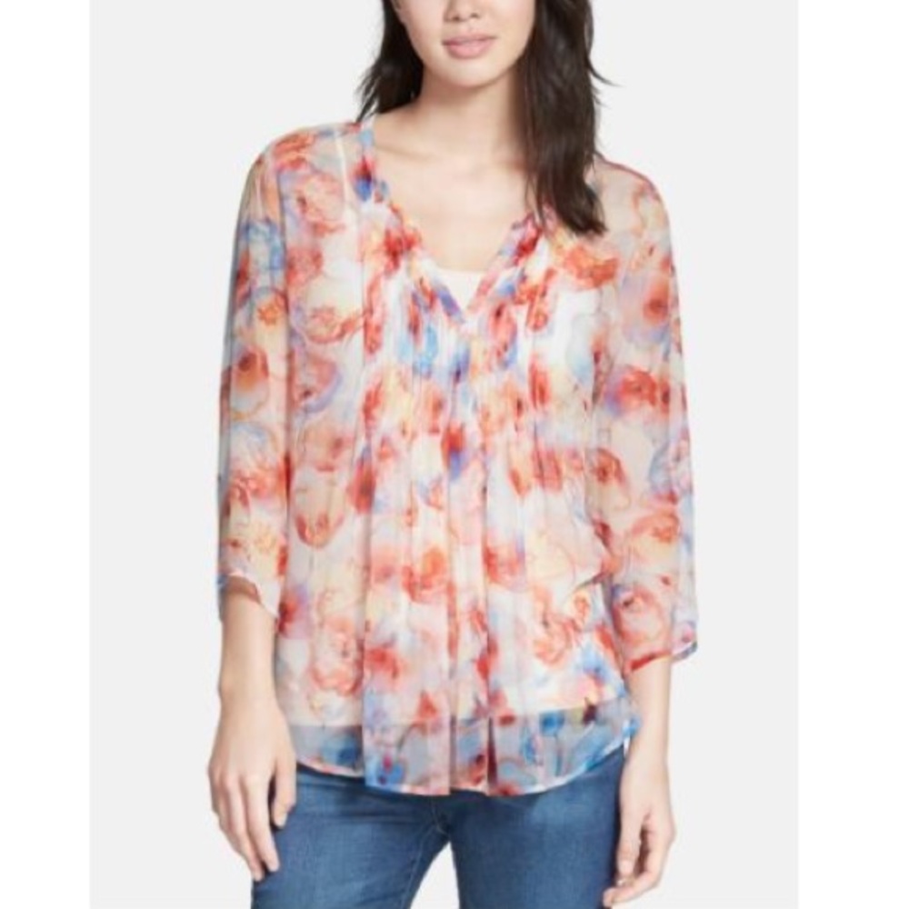 Pintuck Pleat Split Neck Blouse