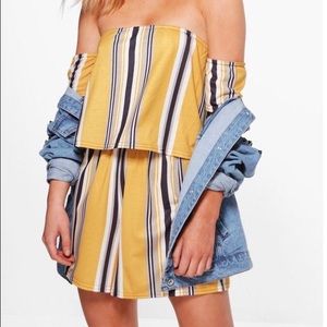 BooHoo Rose Off Shoulder Striped Playsuit