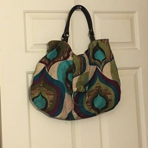 Crafty peacock/wood grain patterned hand bag