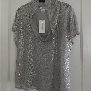 NWT Calvin Klein xs silver sequin top semi sheer.