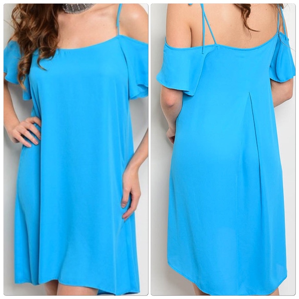 Turquoise Square Neck Cold Shoulder Tunic Dress