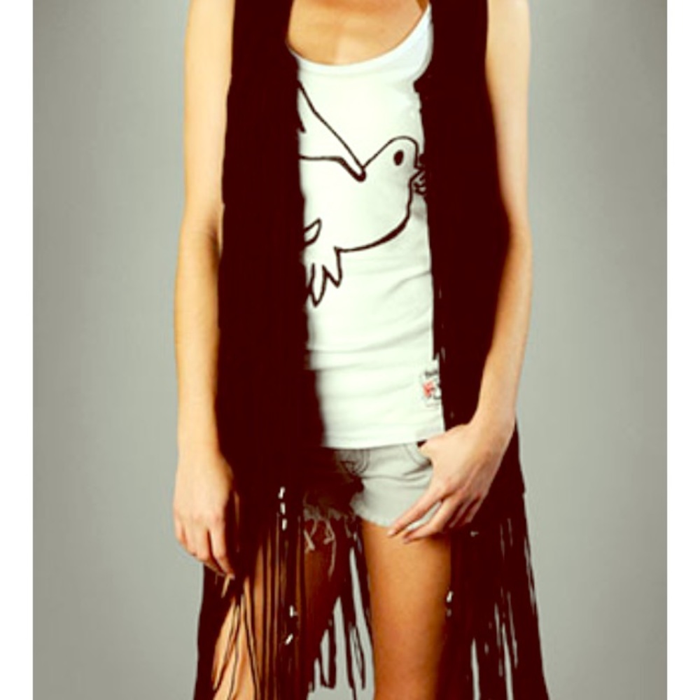True Religion Long Leather Fringe Vest