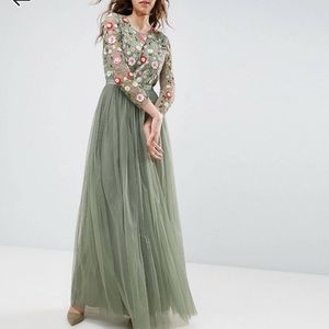 Sage long sleeve embroidered maxi dress