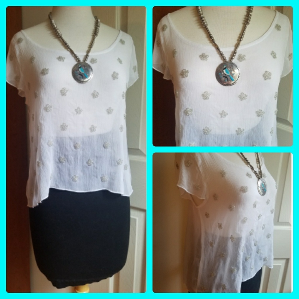 Hollister White Sheer Embroidered Boho Summer Top Flutter Sleeve
