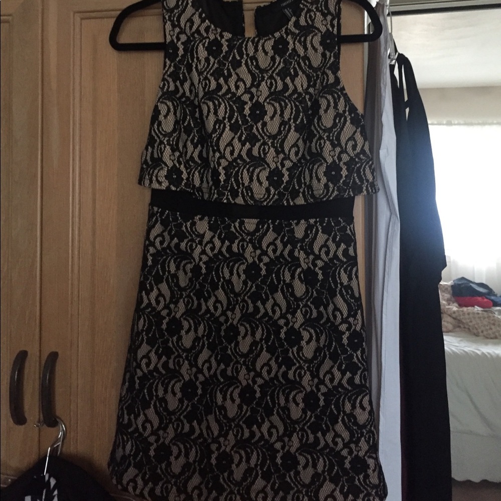 Tan and black lace cocktail dress