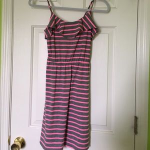 Pink and gray striped ruffle top sundress