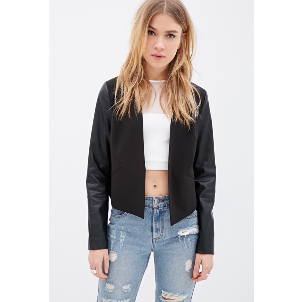 Collarless faux leather-sleeve blazer