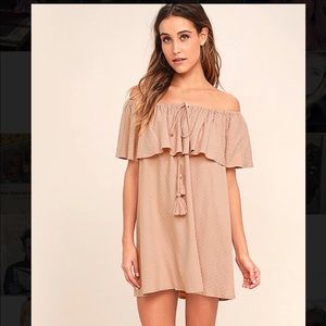 Blush off the shoulder shift dress.