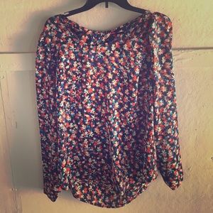 Blue & Red Floral Cutout Blouse