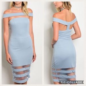 Chic Pale Blue Off Shoulder Sheer Mesh Dress