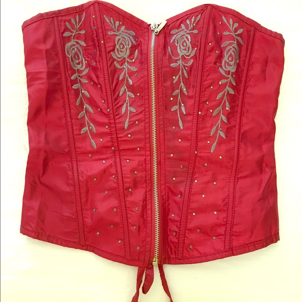 Red Bejeweled Strong Bone Corset w/Gray Embroidery