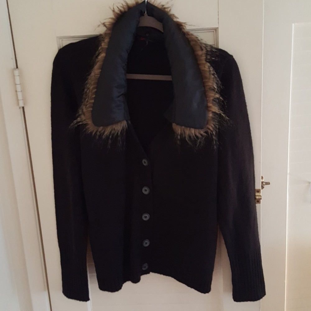 Black cardigan with faux fur hood