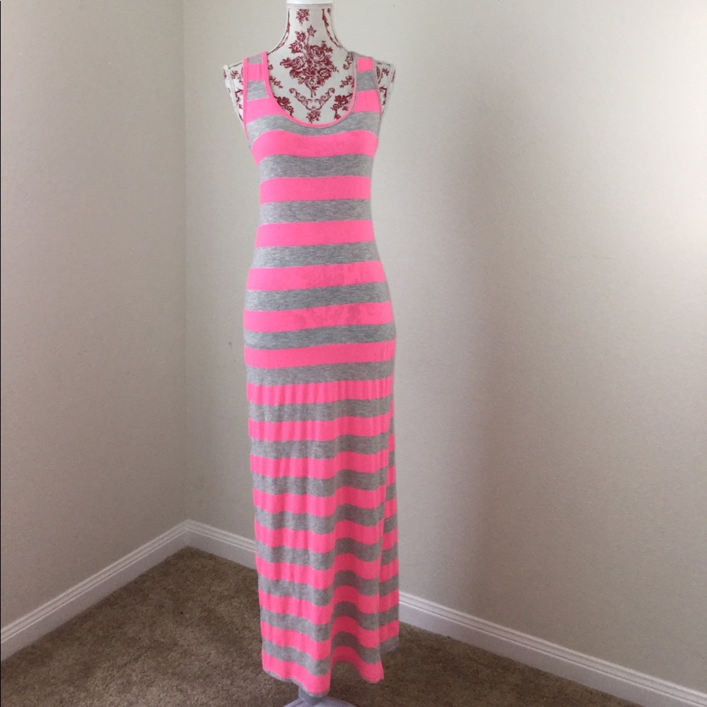 Method Neon Pink Gray Stripe Maxi Body Con Dress S