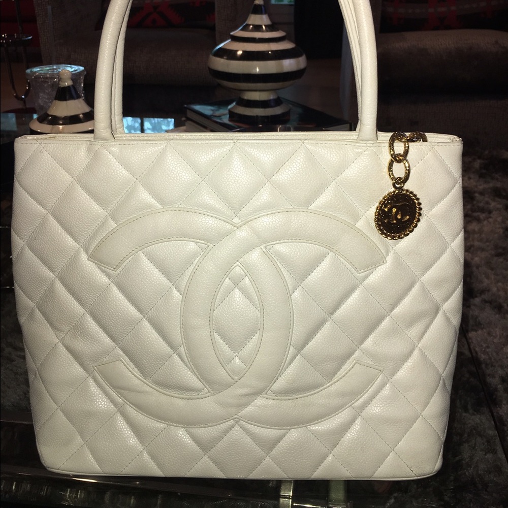 White Vintage Chanel Tote with Gold Medallion