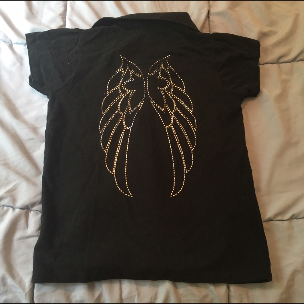 Black cotton polo shirt with silver angel wings