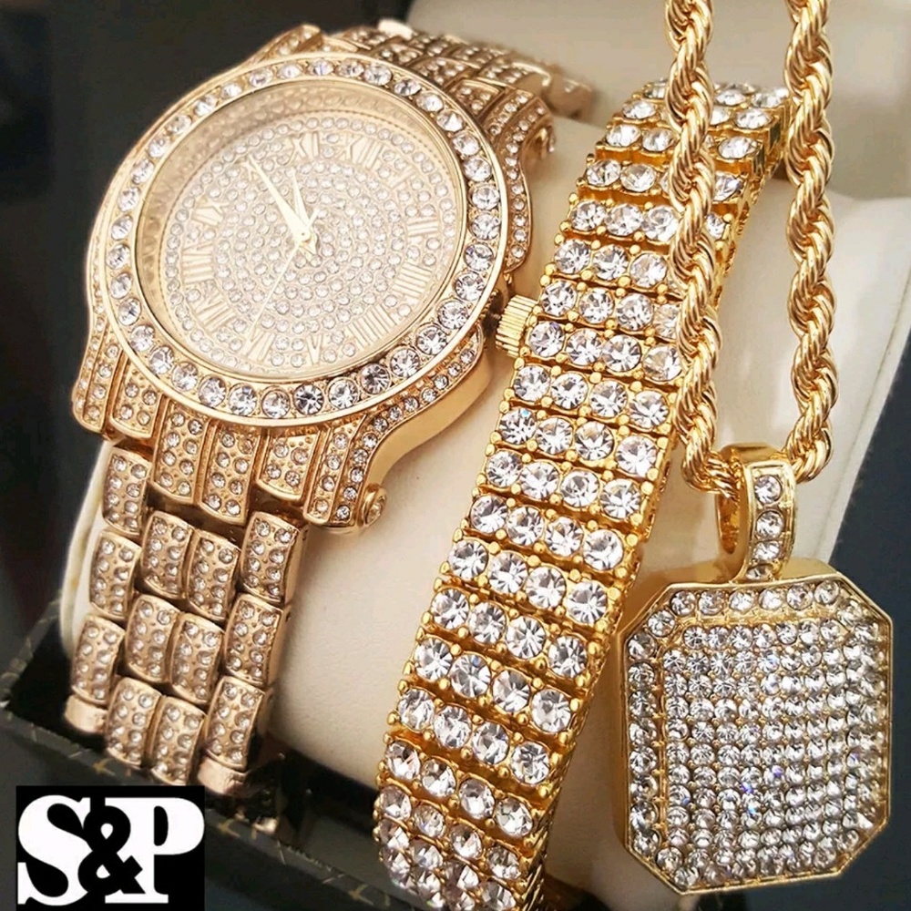 Hip Hop Iced Out Bling lab diamond watch gift set