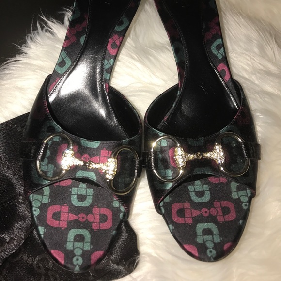 GUCCI horsebit rhinestone satin open toe heels