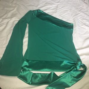 Green one shoulder top with slits in the arm