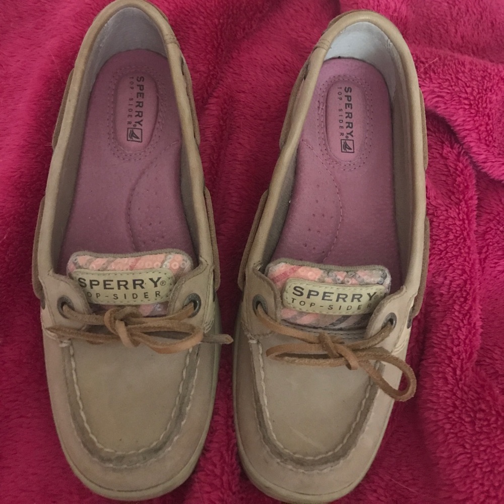 Sperry Top-Sider tan with pink sequins