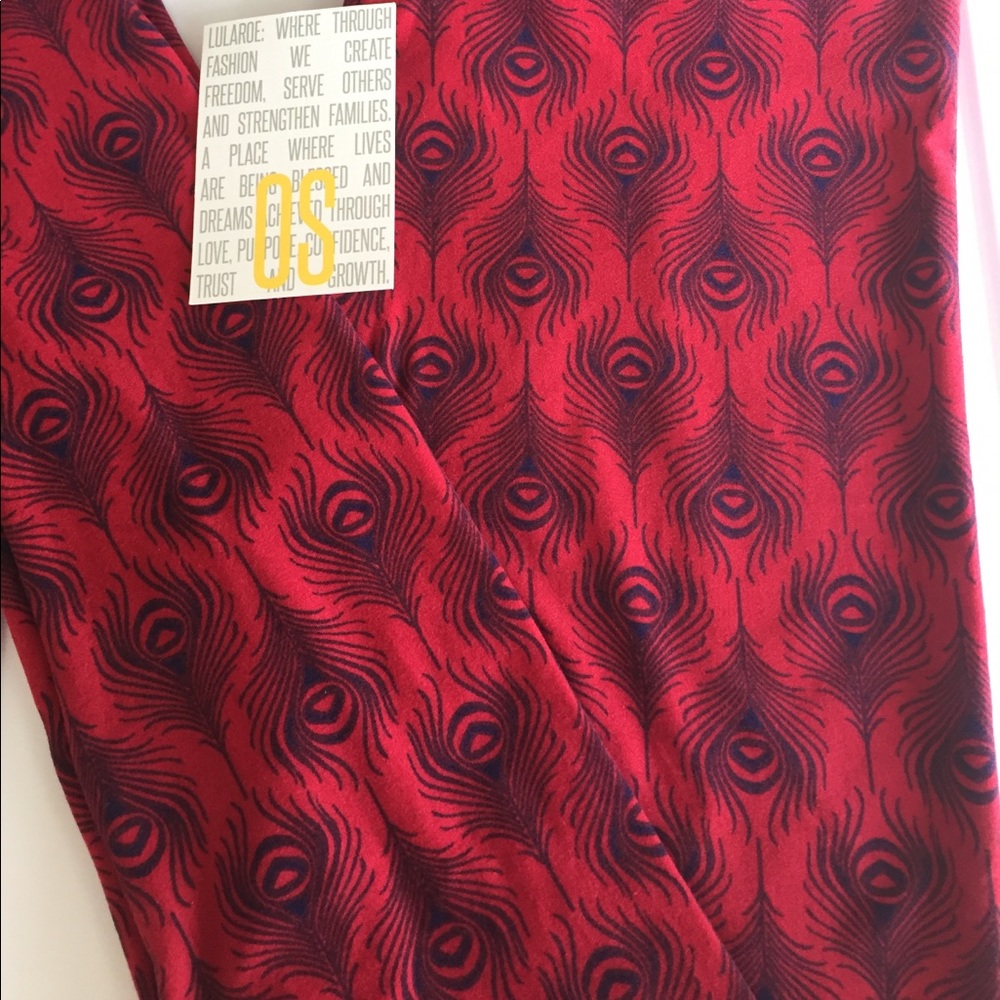 Lularoe OS Leggings BOHO red peacock feathers NEW