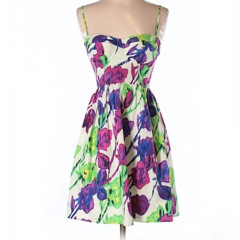 Like New NWOT Floral Green Purple Pleated Corset Wired Fit Flare Cotton Dress