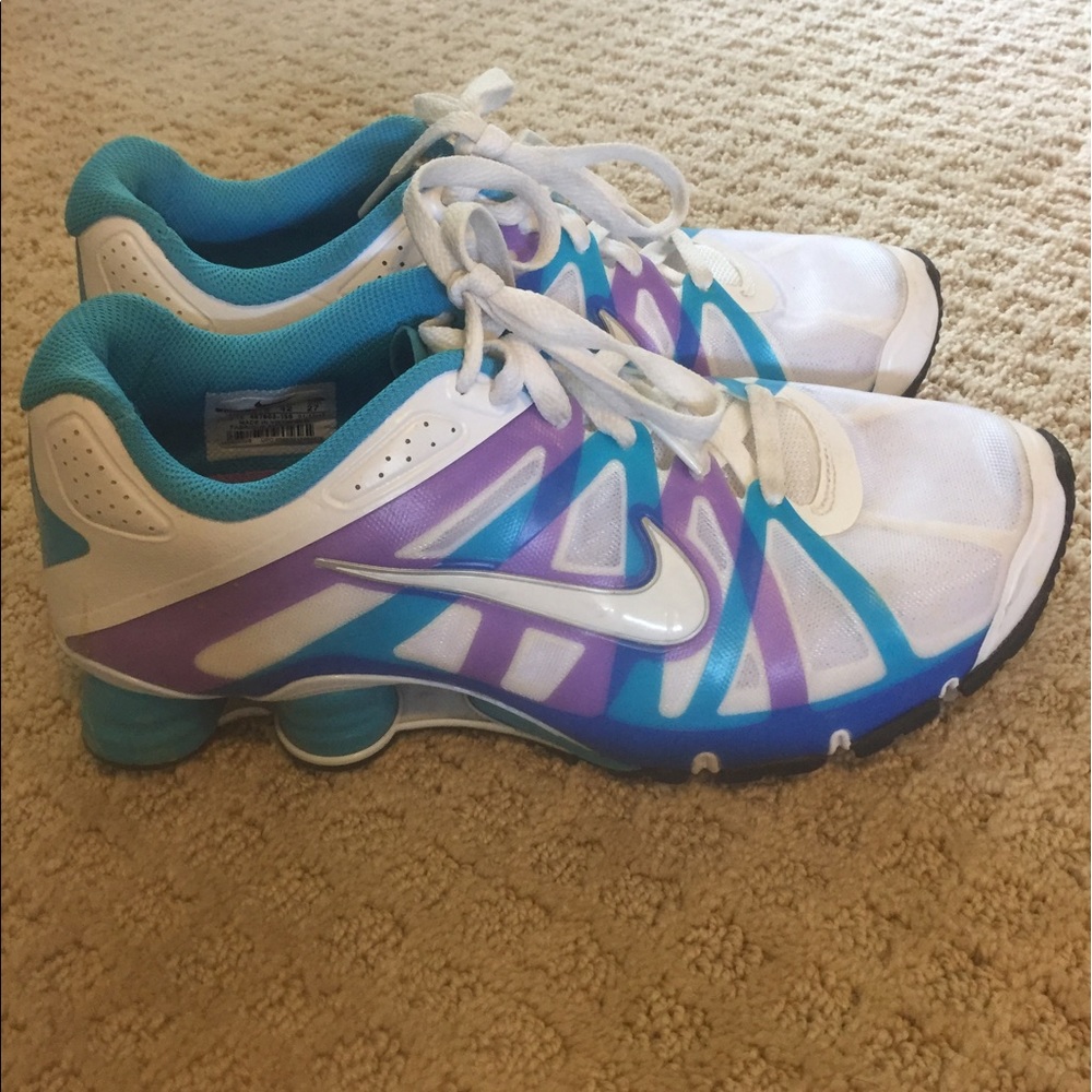 Purple, blue and white Nike shox