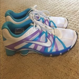 Purple, blue and white Nike shox