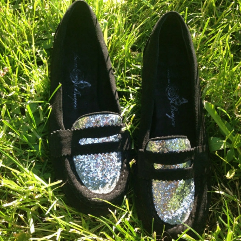 Black suede silver glitter moccasins new size 7