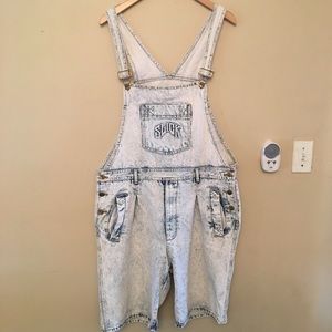 Retro Acid Wash Denim Overall Shorts