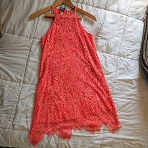 Orange lace shift dress with eyelash lace hem